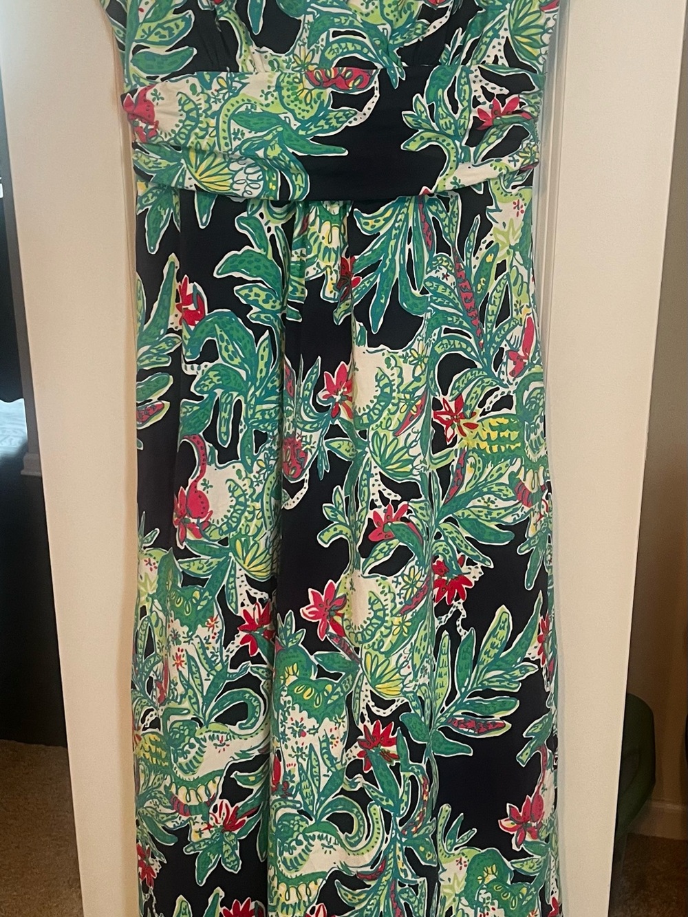 Lilly Pulitzer Navy Maxi Dress with Green & Pink Floral Print EUC